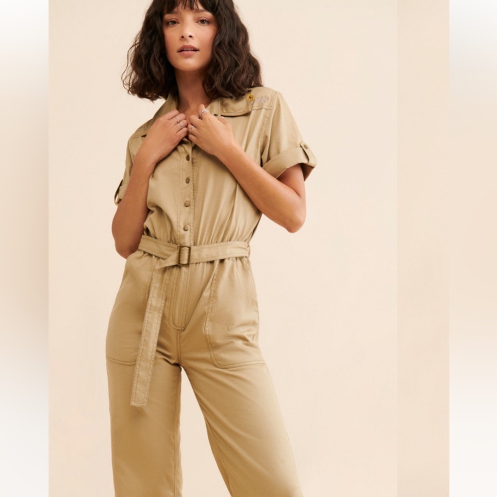 SPELL Foxglove‎ Embroidered Coveralls Floral Tan Belted Jumpsuit size Medium